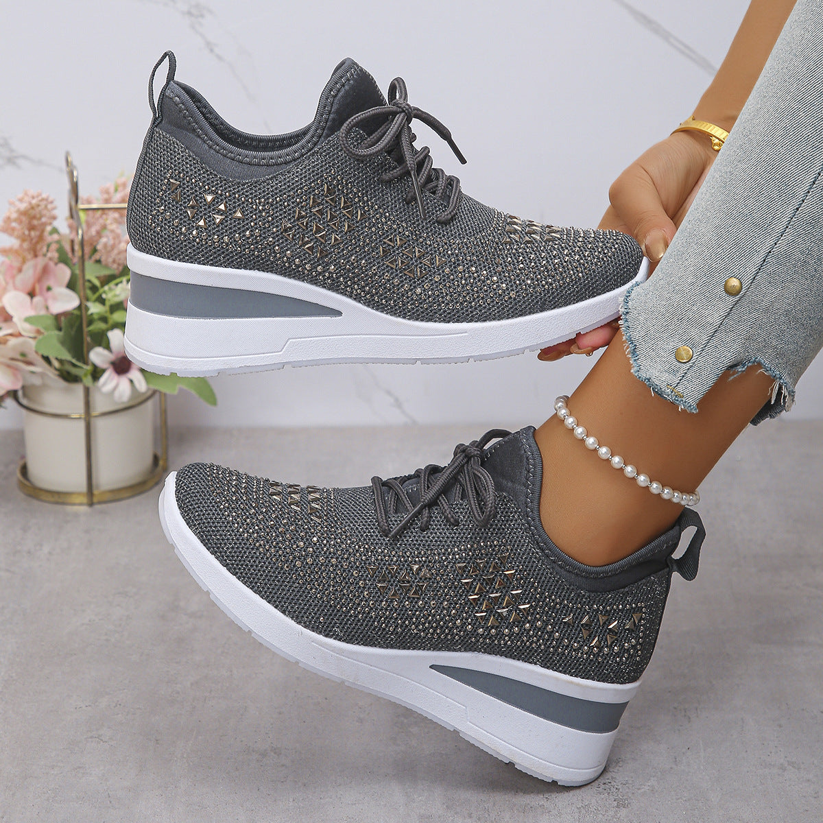 Women’s Rhinestone Wedge Sneakers – Fashion Lace-Up Casual Shoes