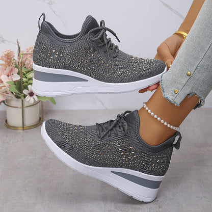 Women’s Rhinestone Wedge Sneakers – Fashion Lace-Up Casual Shoes