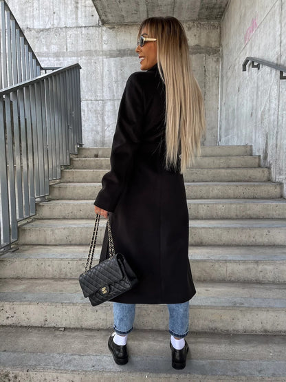 Women’s Double-Breasted Belted Winter Coat – Elegant Lapel Long Jacket