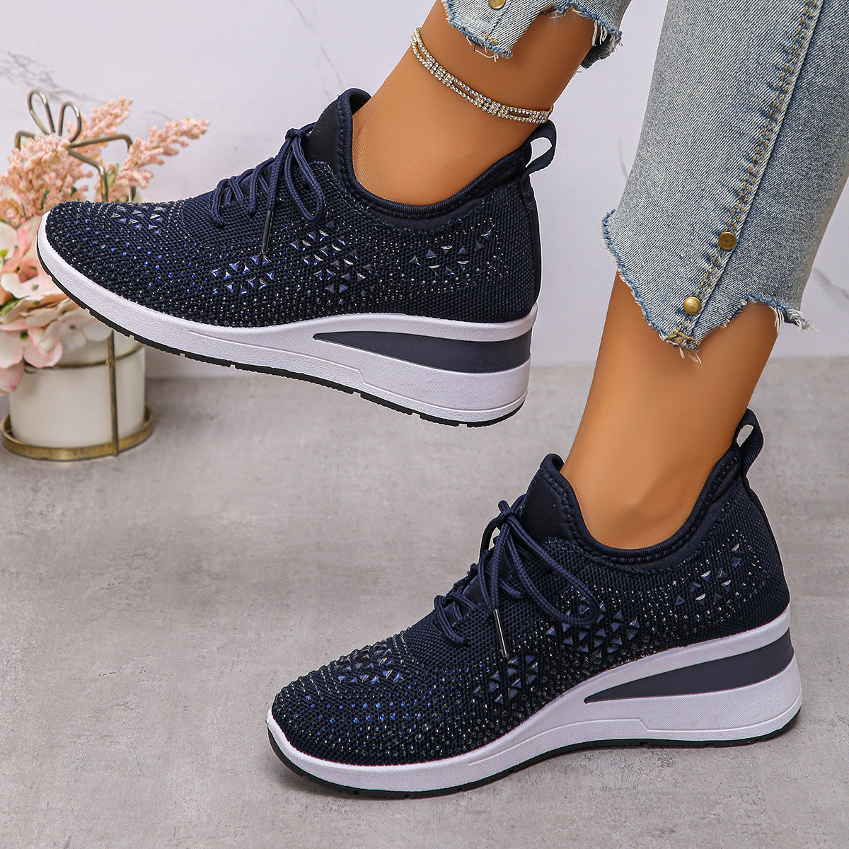 Women’s Rhinestone Wedge Sneakers – Fashion Lace-Up Casual Shoes