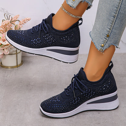 Women’s Rhinestone Wedge Sneakers – Fashion Lace-Up Casual Shoes
