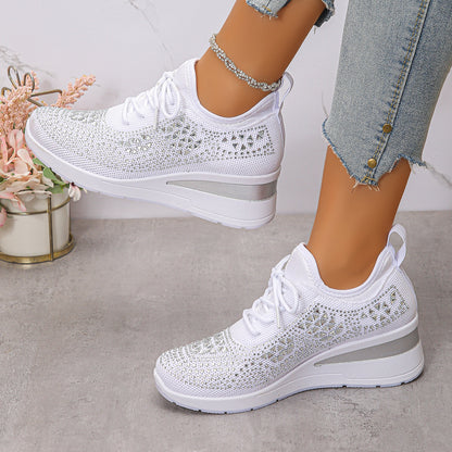 Women’s Rhinestone Wedge Sneakers – Fashion Lace-Up Casual Shoes