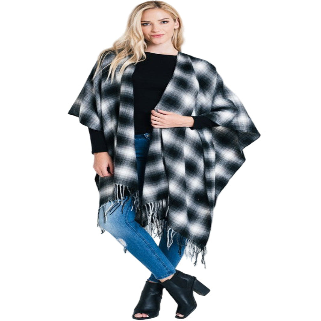 Plaid Open Front Poncho with Fringe Detail-0