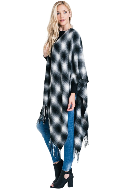 Plaid Open Front Poncho with Fringe Detail-1